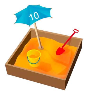 A sandbox containing a blue umbrella with '10' on it