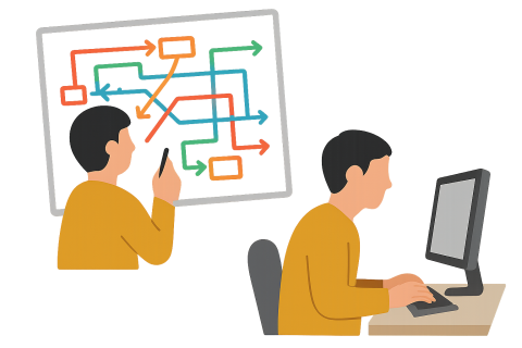 A man looking at a complex diagram on a whiteboard then sitting at a terminal