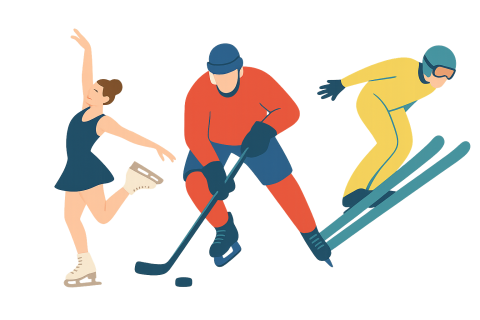 Clipart models of a figure skater, hockey player and ski jumper.