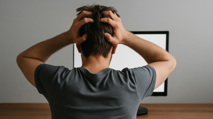 Rear view of a seated person with hands on head in frustration