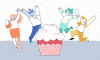 People celebrating around a large cupcake